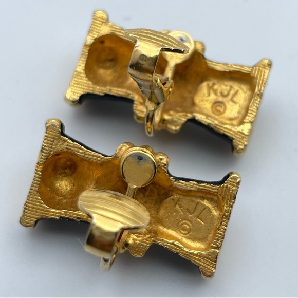 Kenneth Jay Lane Black Enamel Gold Beaded Clip-On Earrings Runway Couture - Picture 8 of 8